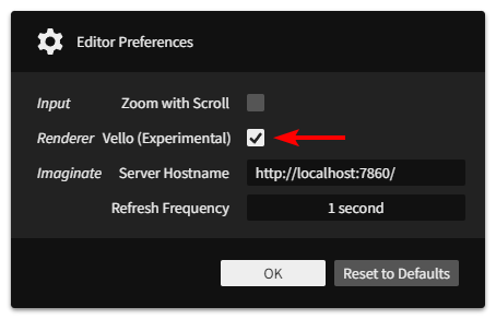 Editor preferences menu with Vello setting